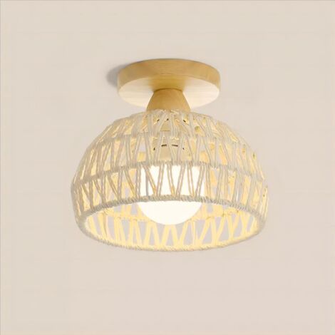 E27 Plafonnier Vintage Lampe de Plafond Bois Corde de Chanvre Suspension Luminaire Intérieur Couleur Blanc Ø20CM - 1Pcs (1/5)