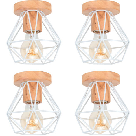 E27 Plafonnier Industriel Rétro Industrielle Luminaire Plafonnier Abat-jour Cage Blanc Lampe de Plafond Métal Bois Ø15,5CM - 4Pcs