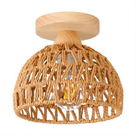 E27 Plafonnier Vintage Lampe de Plafond Bois Corde de Chanvre Suspension Luminaire Intérieur Couleur Lin Ø20CM - 1Pcs