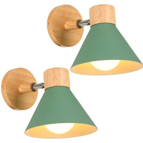 Appliques Murales Vintages Industrielles Lampe Murale en Métal et Bois Suspension Luminaire Réglable Vert Clair Ø17,5CM - 2Pcs