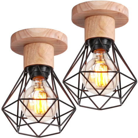 Plafonnier Industrielle Vintage Lampe de Plafond Bois et Métal Luminaire Plafonnier Intérieur Noir E27 Ø15,5CM - 2Pcs