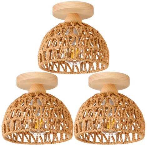 E27 Plafonnier Vintage Lampe de Plafond Bois Corde de Chanvre Suspension Luminaire Intérieur Couleur Lin Ø20CM - 3Pcs