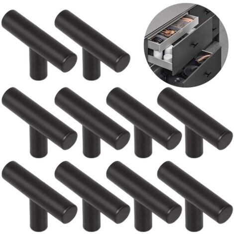 10 Pièces Poignée Meuble de Cuisine Bouton de Porte Acier Forme de T Bouton de Armoire Noir 6CM (1/5)