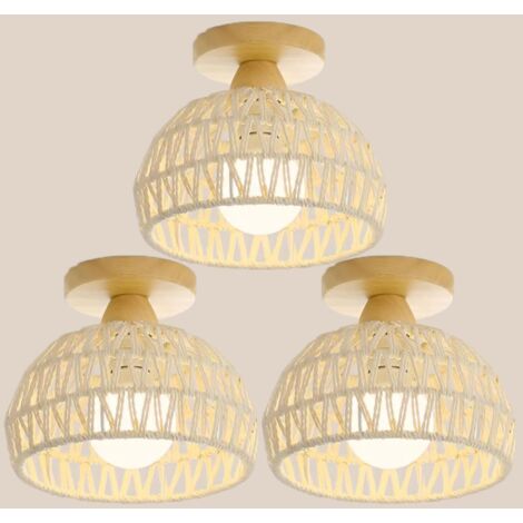 E27 Plafonnier Vintage Lampe de Plafond Bois Corde de Chanvre Suspension Luminaire Intérieur Couleur Blanc Ø20CM - 3Pcs (1/5)