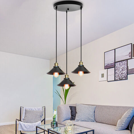 Lustre Suspension Vintage Industriel E27 Lampe à Suspension Abat-jour de Chapeau Lustre Plafonnier Intérieur 3 Luminaires - Noir