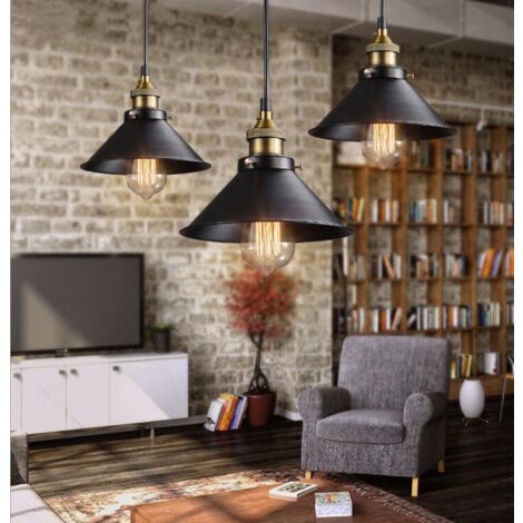 Lustre Suspension Vintage Industriel E27 Lampe à Suspension Abat-jour de Chapeau Lustre Plafonnier Intérieur 3 Luminaires - Noir