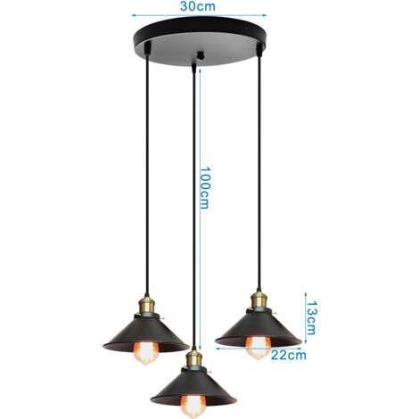 Lustre Suspension Vintage Industriel E27 Lampe à Suspension Abat-jour de Chapeau Lustre Plafonnier Intérieur 3 Luminaires - Noir