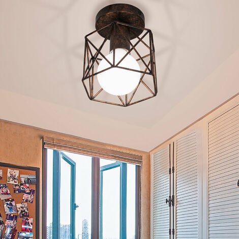 Plafonnier Industrielle Vintage Lampe de Plafond Cage en Métal Suspension Luminaire E27 Rouille Ø15CM pour Salon Chambre Café Bar - 1Pcs