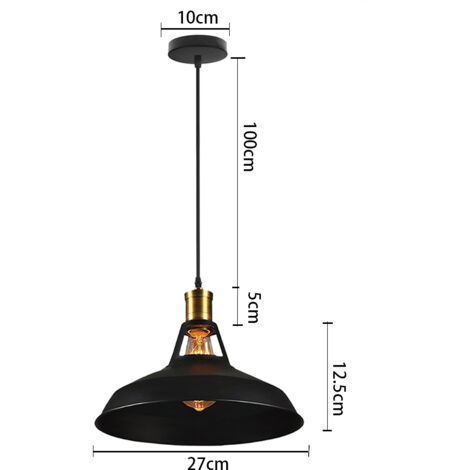 Lustre Suspension Industrielle Vintage Luminaire Plafonnier Abat-jour en Métal Lampe à Suspension Ajustable E27 Ø27CM Noir - 1Pcs
