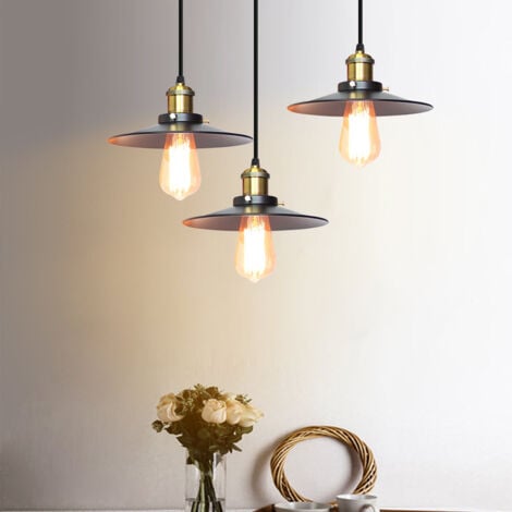 Lustre Suspension Industrielle Vintage Lampe à Suspension Edison E27 Ø22CM 3 Luminaires pour Chambre Cuisine Bar - Noir