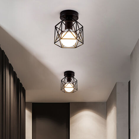 Lot de 3 Plafonnier Rétro Cage Lampe de Plafond Hexagone en Métal Suspension Industrielle pour Salon Chambre Café Bar Noir