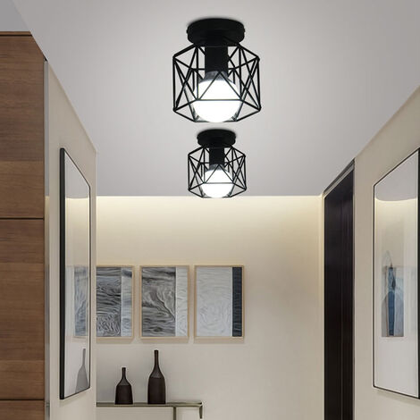 Lot de 3 Plafonnier Rétro Cage Lampe de Plafond Hexagone en Métal Suspension Industrielle pour Salon Chambre Café Bar Noir