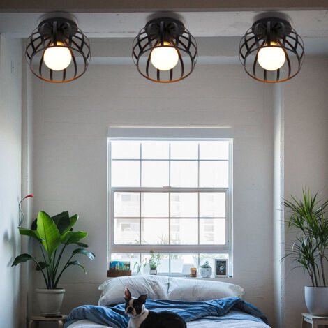 Plafonnier Industrielle E27 Lampe de Plafond en Métal Cage Éclairage pour Salon Chambre Bar Noir