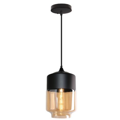 Wottes – Lustre suspension industriel en verre E27 – Abat-jour ambre – Diamètre 18cm – Câble réglable 100cm pour salons et restaurants (1/4)