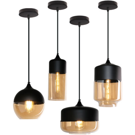 Wottes – Lot de 4 suspensions lumineuses industrielles E27 en verre ambré – Hauteur réglable 100 cm – Pour cuisine, salle à manger, escalier – Noir