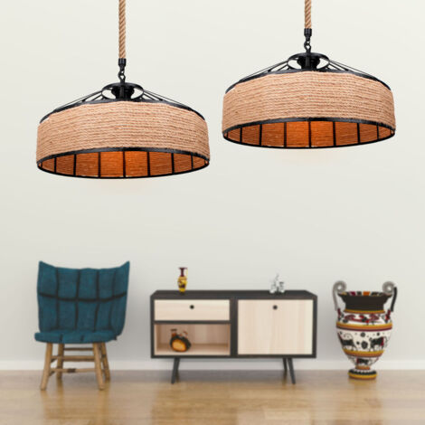 Wottes – Suspension industrielle E27 rétro en corde de chanvre – Luminaire 40cm pour salon, cuisine, bar – Fer forgé et design vintage