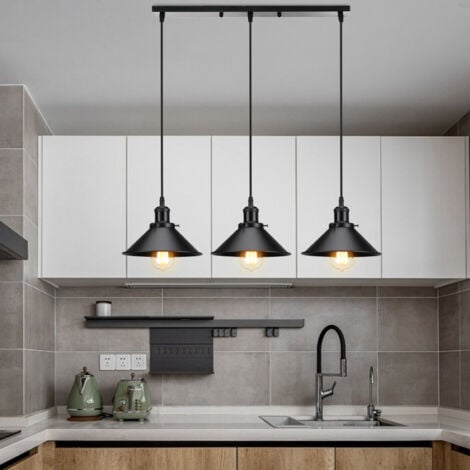 3 Luminaires Lustre Suspension Industriel Lampe de Suspension pour Chambre Bar Tout Noir Base Rectangulaire