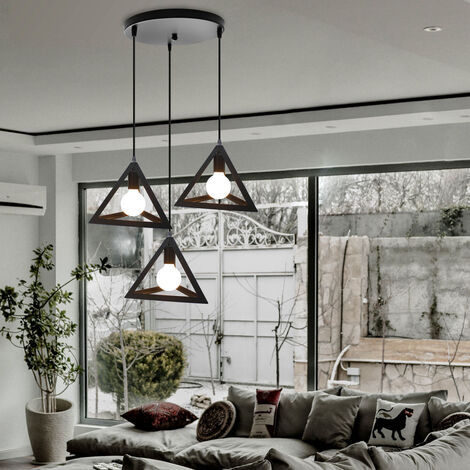 Lustre Suspension Moderne Triangle Lustre Abat-jour 3 Lumières E27 Lampe de Suspension avec Base Ronde pour Chambre Salon Bar Noir