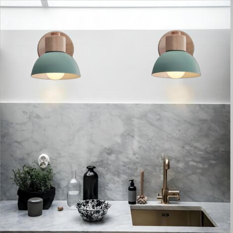 Applique Murale Rétro E27 Intérieur Lampe Murale Fer Forgé Bois Luminaire Murale Vert Chambre Salon Couloir Ø15CM - 2Pcs