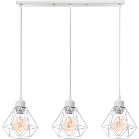 Wottes – Lustre suspension industrielle métal blanc – Abat-jour diamant 3 lampes Ø16cm – Longueur socle 50cm – Culot E27 (1/5)