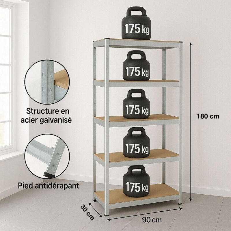 Étagère Rangement modulable - 90 x 180 cm - 875 kg max - 5 niveaux