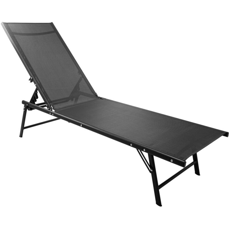 Chaise Longue Pliante De Jardin 185x54,5x34,5 Cm – Dossier 6 Positions – Textilène Respirant – Structure Acier – Noir – Pliable 8,5 Cm D'épaisseur