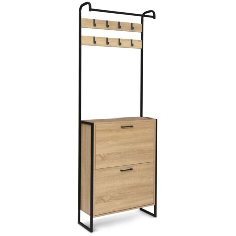 Vestiaire d'entrée avec porte manteau et range chaussures effet bois et métal