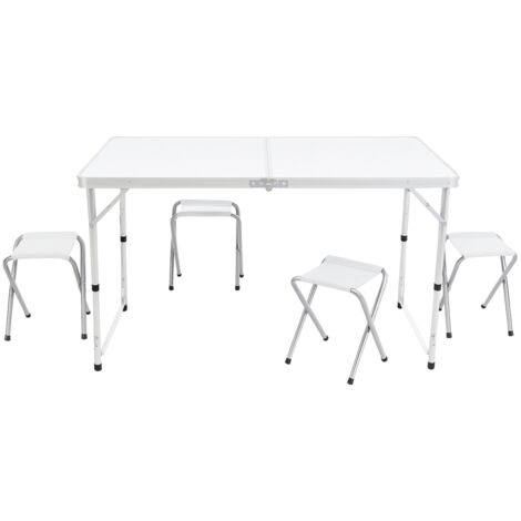 Terre Jardin – Table de camping pliante 120x60x70 cm – 4 tabourets inclus – Aluminium et MDF – Hauteur réglable 54/61/70 cm – Pliage rapide sans outils
