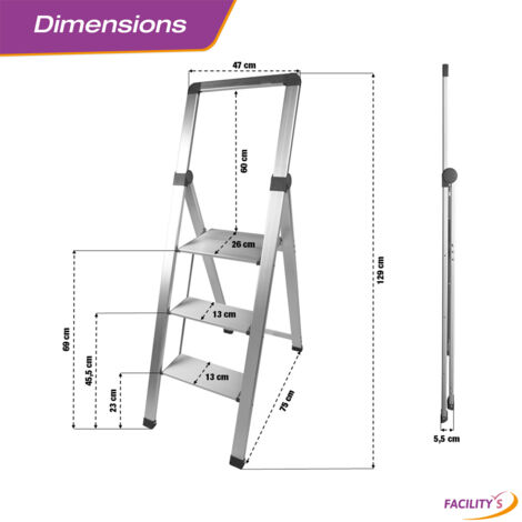 Escabeau Pliable GameGem 3 Marches - Aluminium Léger Robuste 150kg, Large Pédale Antidérapante, Design Moderne Pour Maison Et Cuisine