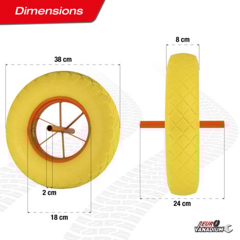 Roue de Brouette Pleine Increvable 15" - Ø 380 mm – Axe 20 mm - Caoutchouc renforcé - Capacité 150 kg - Haute résistance