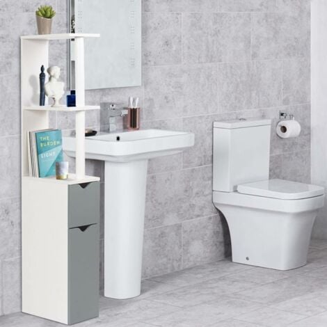 Meuble WC meuble dessus toilettes style cosy dim. 60L x 23l x 173H cm  portes à lattes étagère bambou MDF aspect bois clair