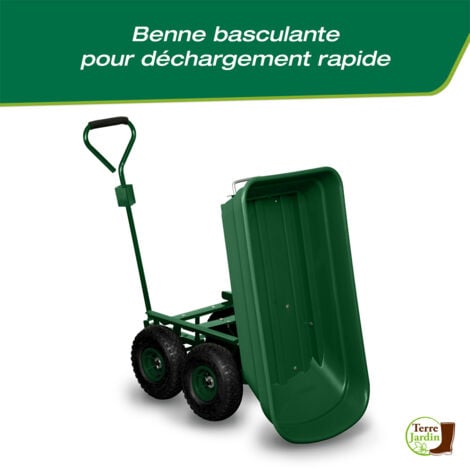Chariot de Jardin 4 Roues 120 kg - Bac Bascule 52L avec Poignée Amovible et Adaptateur Tracteur - Chariot de Transport et Remorque de Jardin Pratique et Pliable