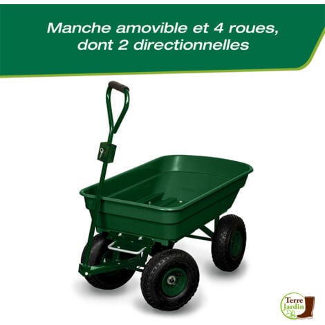 Chariot de Jardin 4 Roues 120 kg - Bac Bascule 52L avec Poignée Amovible et Adaptateur Tracteur - Chariot de Transport et Remorque de Jardin Pratique et Pliable