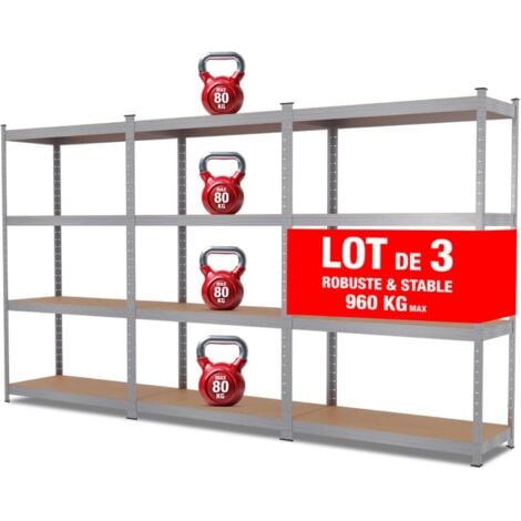 Triple étagère Garage modulable - 2m10 de long -12 plateaux - H. 150 X L. 210 - Charges lourdes - 30 cm - Gris