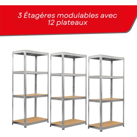 Triple étagère Garage modulable - 2m10 de long -12 plateaux - H. 150 X L. 210 - Charges lourdes - 30 cm - Gris