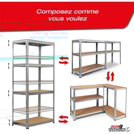 Triple étagère Garage modulable - 2m10 de long -12 plateaux - H. 150 X L. 210 - Charges lourdes - 30 cm - Gris