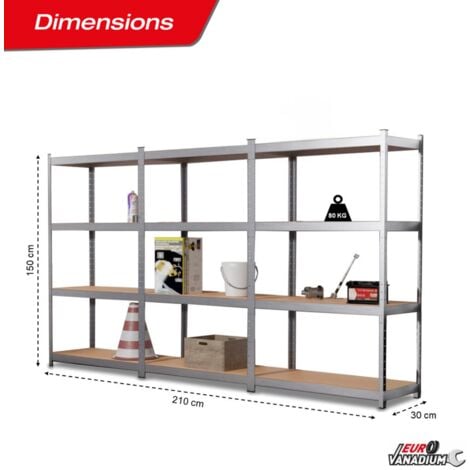 Triple étagère Garage modulable - 2m10 de long -12 plateaux - H. 150 X L. 210 - Charges lourdes - 30 cm - Gris