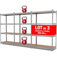 Triple étagère Garage modulable - 2m10 de long -12 plateaux - H. 150 X L. 210 - Charges lourdes - 30 cm - Gris