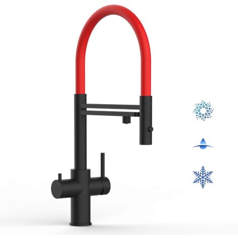Robinet Cuisine Mitigeur 5 Voies en ACIER INOXYDABLE Massif, avec bec pivotant 360° et douchette 2-jets détachable, PVD Noir Mat / Rouge (1/5)