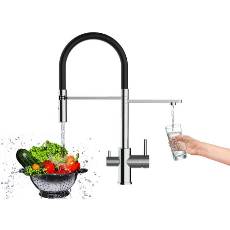 Robinet mitigeur de cuisine 3 voies chrome – Bec noir orientable 360° – Douchette 2 jets détachable – Cartouche céramique Ø 35mm – Vizio