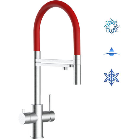 Robinet de Cuisine Mitigeur 5 voies en ACIER INOXYDABLE CHIRURGICAL 316 brosse mat bec rouge orientable et douchette 2 jets detachable VIZIO (1/5)