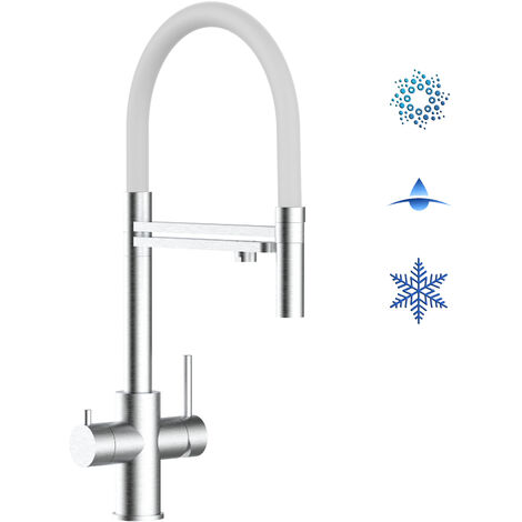 Robinet de Cuisine Mitigeur 5 voies en ACIER INOXYDABLE CHIRURGICAL 316 brosse mat bec blanc orientable et douchette 2 jets detachable VIZIO