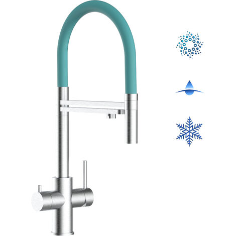 Robinet de Cuisine Mitigeur 5 voies en ACIER INOXYDABLE CHIRURGICAL 316 brosse mat bec turquoise orientable et douchette 2 jets detachable VIZIO (1/5)