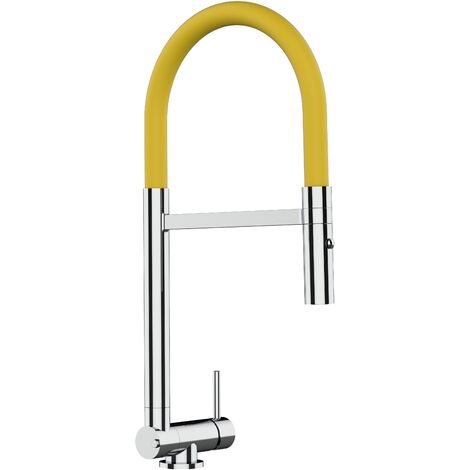 Robinet cuisine 4 voies chromé bec jaune orientable, douche 2 jets