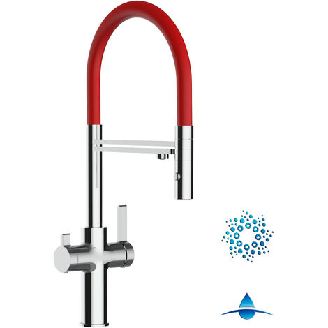 Robinet de Cuisine Mitigeur 4 Voies chromé pour système de carbonatation et filtration/purification d'eau bec rouge orientable et douchette 2 jets détachable FC VIZIO (1/5)