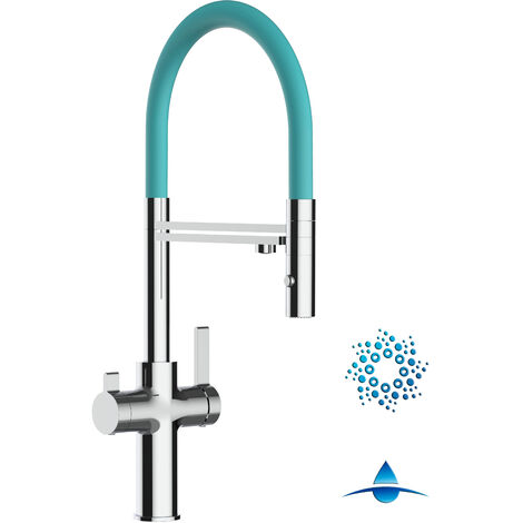 Robinet de Cuisine Mitigeur 4 Voies chromé pour système de carbonatation et filtration/purification d'eau bec turquoise orientable et douchette 2 jets détachable FC VIZIO (1/5)