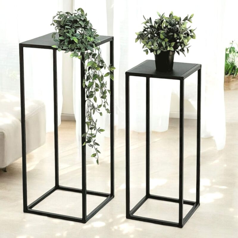 Support Pour Plantes Métal Noir - Tabouret Fleurs Rectangulaire - Hauteur 28cm - Charge 30kg