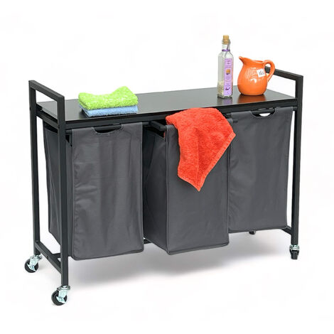 DanDiBo Panier à linge 3 compartiments avec étagère Noir Métal 96500 Collecteur de linge Chariot à linge à roulettes Panier à linge Sac à linge Moderne (1/5)