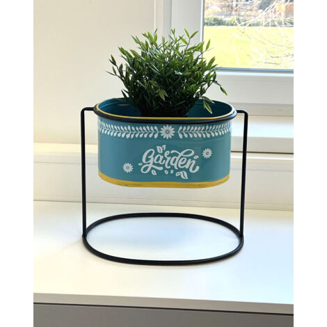 Tabouret à Fleurs Avec Pot Métal Noir Blanc Support à Fleurs 96043