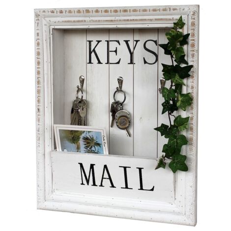 DanDiBo Organisateur mural Vintage Tableau à clés en bois avec étagère 18SE011 Blanc 38 cm Tableau à clés Porte-papier Boîte à clés Shabby Chic Memoboard (1/5)